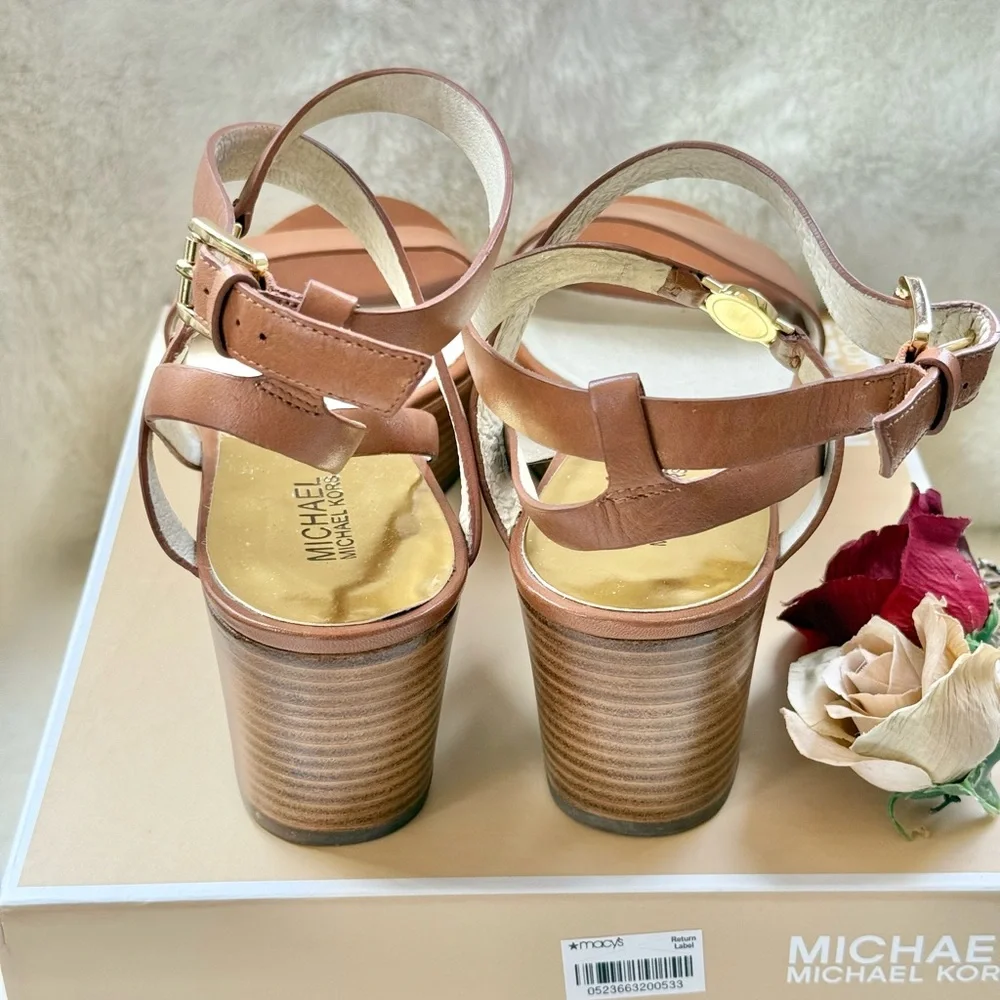 New with tags MICHAEL KORS JALITA CHARM platform SANDAL color, “Luggage”Leather - Picture 10 of 16